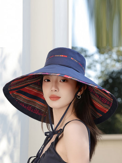 Women Ethnic Stripe Colorblock Strap Sunproof Hat