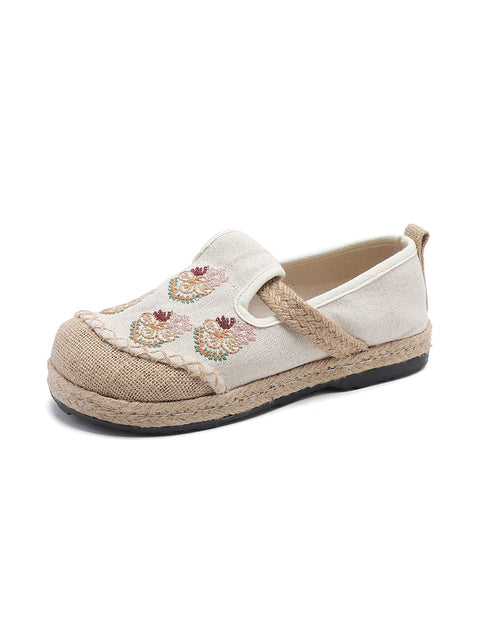 Zapatos planos de lino con bordado de flores étnicas para mujer