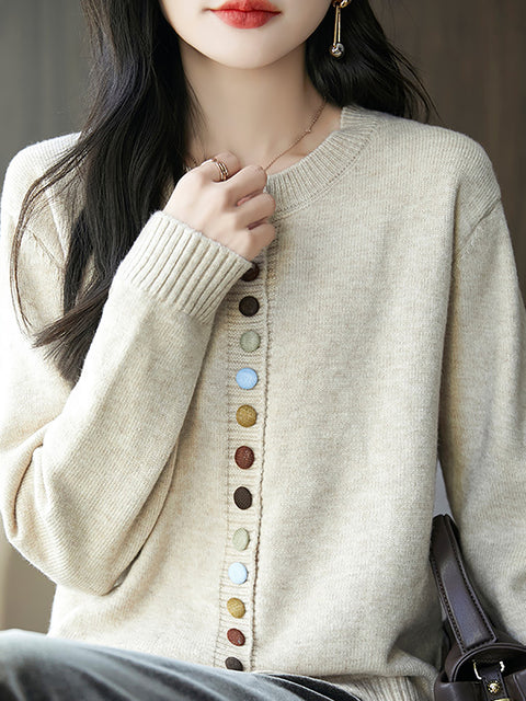 Women Autumn 100%Wool Colorful Button O-Neck Sweater