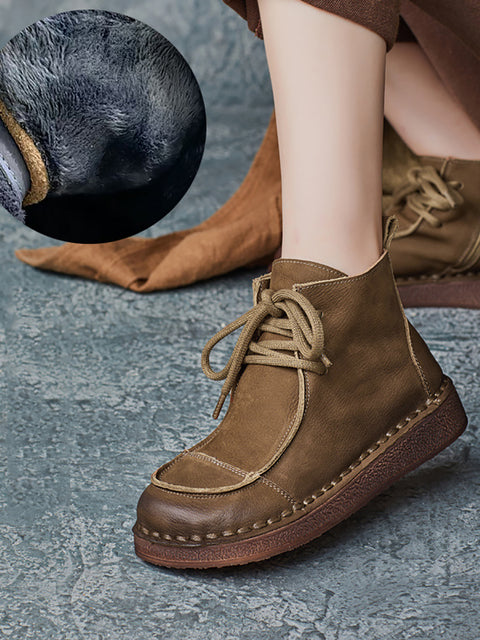 Botas planas con empalmes de cuero estilo retro de invierno para mujer