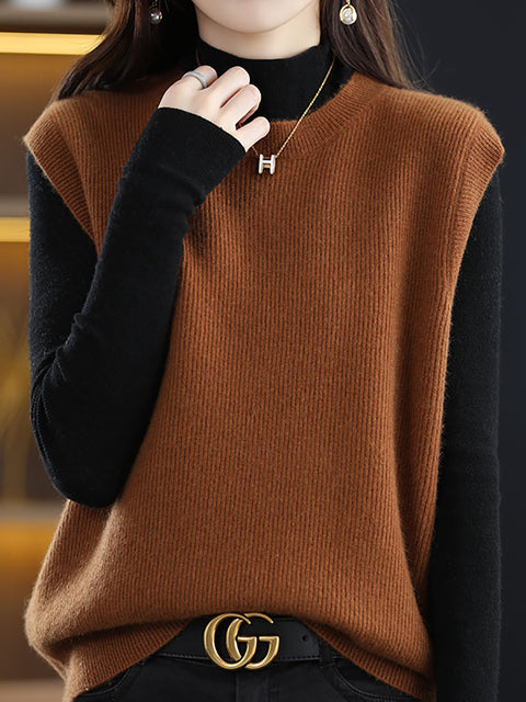 Women Casual Autumn Wool O-Neck Knit Vest