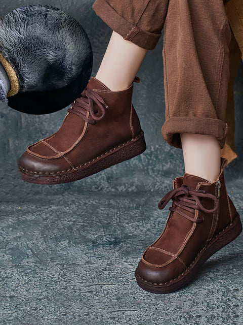 Botas planas con empalmes de cuero estilo retro de invierno para mujer