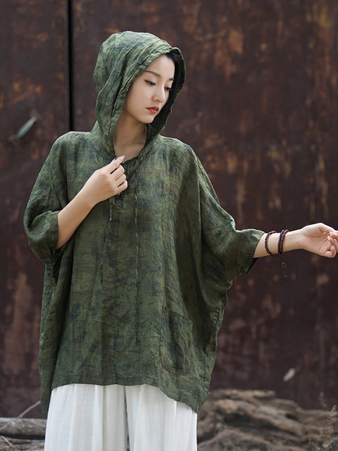 Camisa con capucha y manga de murciélago teñida anudada vintage de verano para mujer