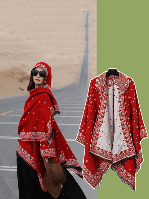 Women Ethnic Star Print Hooded Scarf Shawl