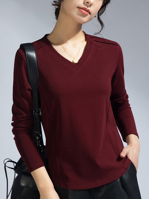 Blusa informal de color puro con escote en V para mujer, primavera