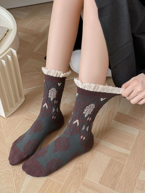 5 Pairs Women Autumn Artsy Flower JAcquard Cotton Socks