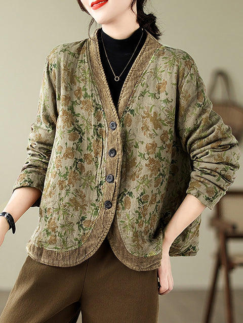 Women Retro Floral Spliced V-Neck Padded Jacket