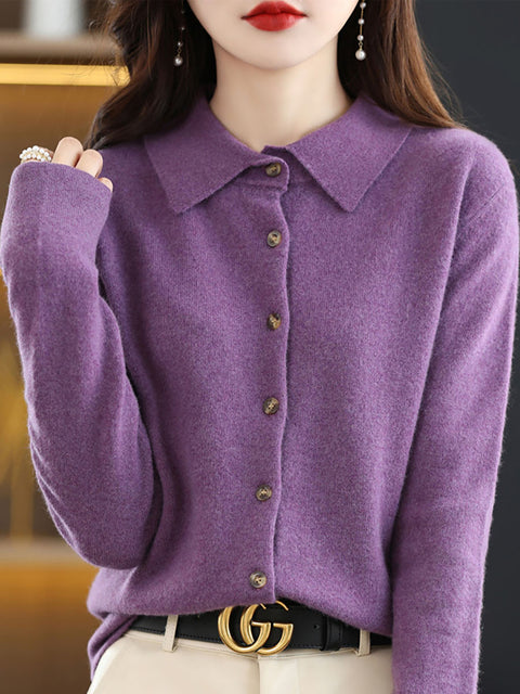 Women Autumn Wool Turn-down Collar Knit Cardigan Sweater