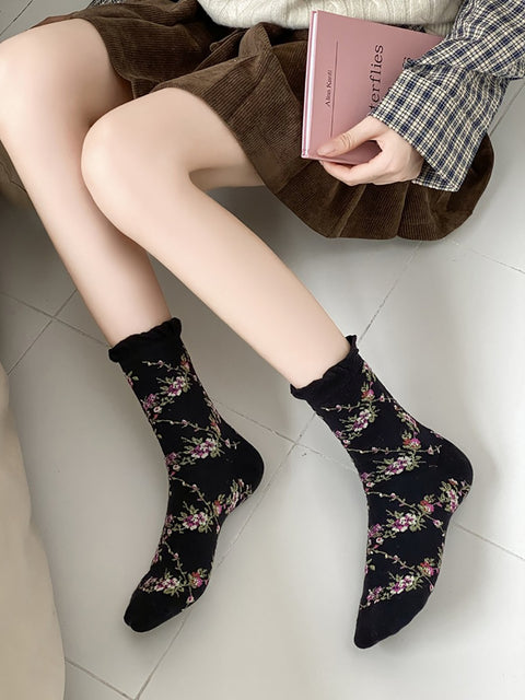 5 pares de calcetines de algodón jacquard con estampado floral para mujer