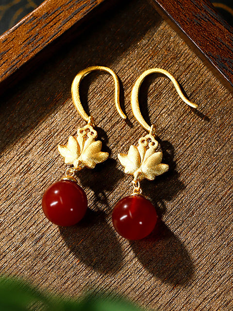 Vintage Red Bead Alloy Lotus Earrings