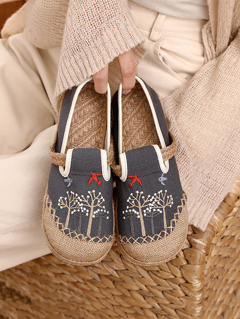 Women Summer Flower Embroidery Linen Cotton Shoes