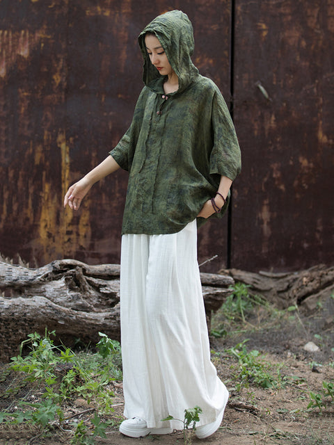 Camisa con capucha y manga de murciélago teñida anudada vintage de verano para mujer