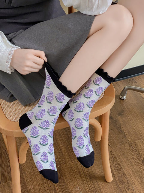 5 pares de calcetines de algodón de tacón medio con diseño floral artístico para mujer