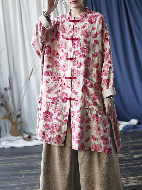 Camisa larga estilo bata con hebilla y flores de primavera vintage para mujer