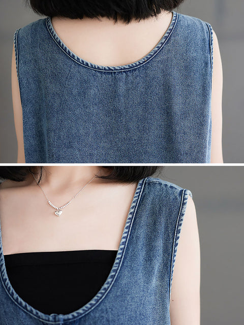 Women Casual Summer Solid Denim Loose Vest Dress