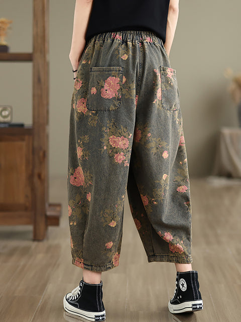 Pantalones vaqueros holgados con estampado retro de flores para mujer de verano