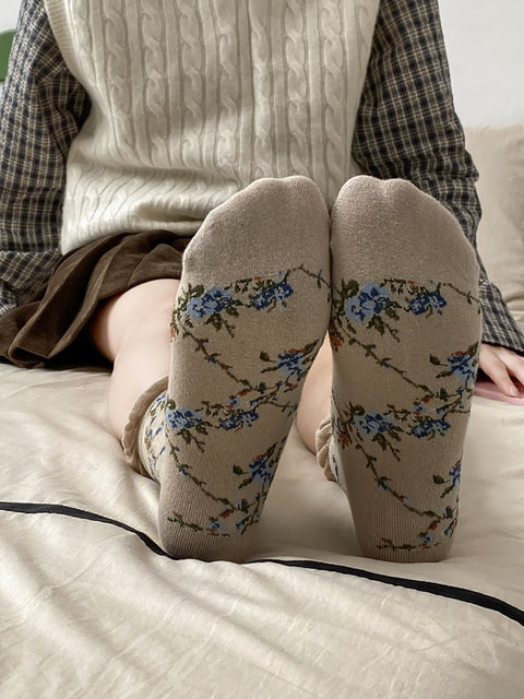 5 pares de calcetines de algodón jacquard con estampado floral para mujer