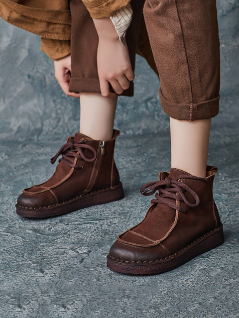 Botas planas con empalmes de cuero estilo retro de invierno para mujer