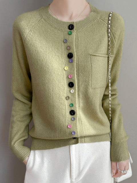 Women Autumn O-Neck Colorful Button Knit Sweater