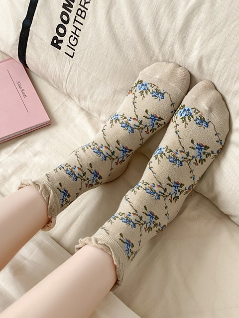 5 pares de calcetines de algodón jacquard con estampado floral para mujer