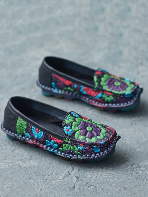 Zapatos planos suaves de cuero con flores de verano para mujer