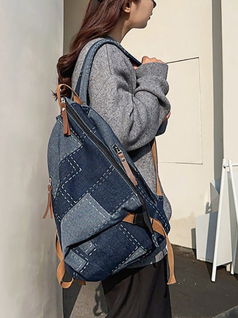 Casual Patch Spliced Denim Backpack