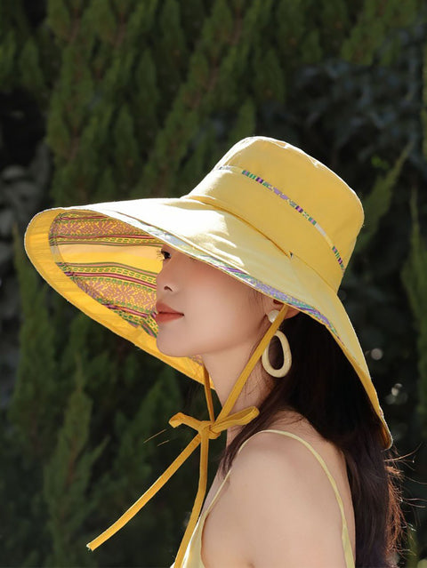 Women Ethnic Stripe Colorblock Strap Sunproof Hat