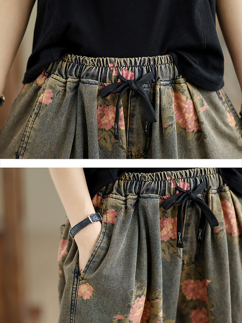 Pantalones vaqueros holgados con estampado retro de flores para mujer de verano