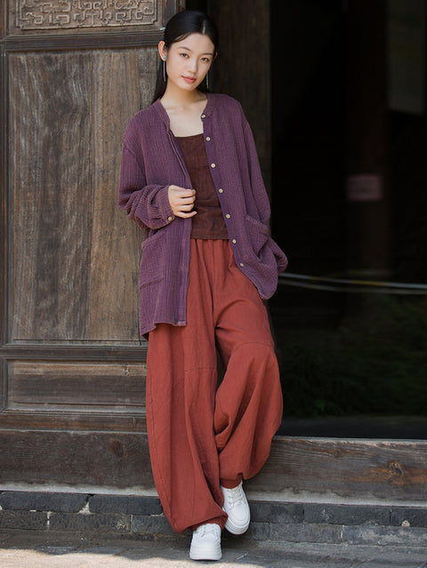 Camisa de otoño con botones y bolsillos de ramio para mujer