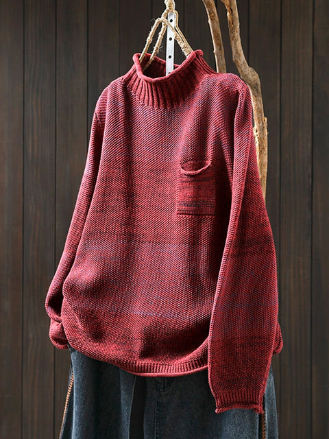 Women Autumn Casual Colorblcok Half-Turtleneck Sweater