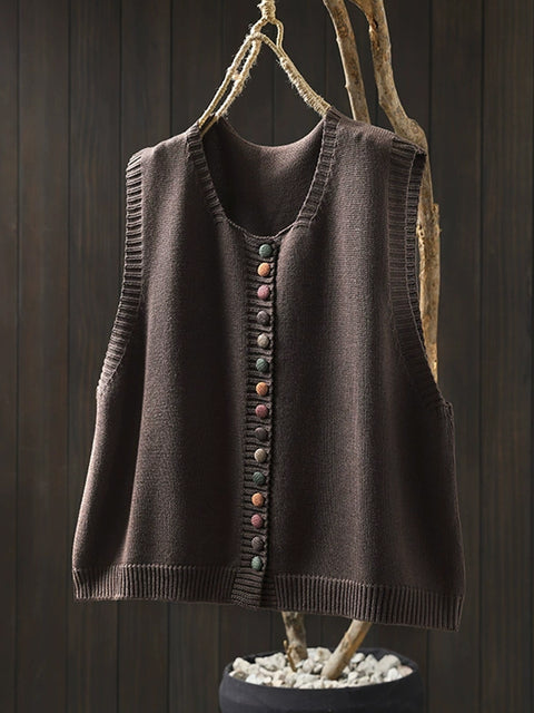 Women Casual Autumn Wool O-Neck Colorful Button Knit Vest