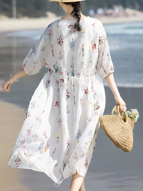 Women Artsy Summer Flower Embroidery 100%Ramie Dress