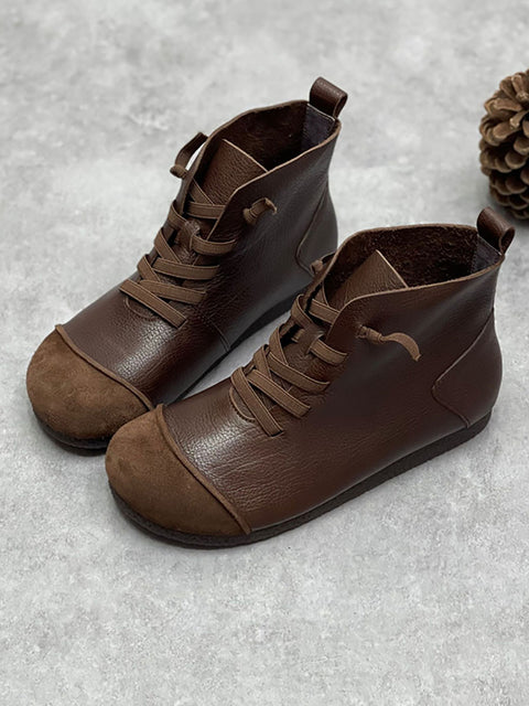 Mujer Invierno Vintage Cuero Cordón Empalme Tobillo Botas