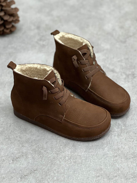 Botas de tobillo sólidas de cuero suave con cordón vintage para mujer