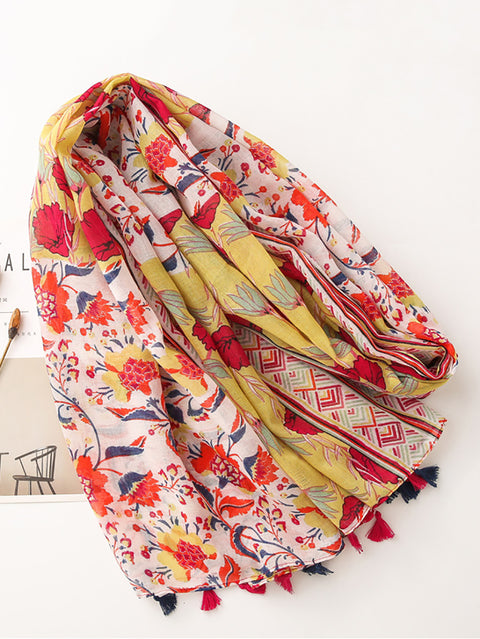 Artsy Floral Spliced Tassel Fashion Travel Shawl Scarf