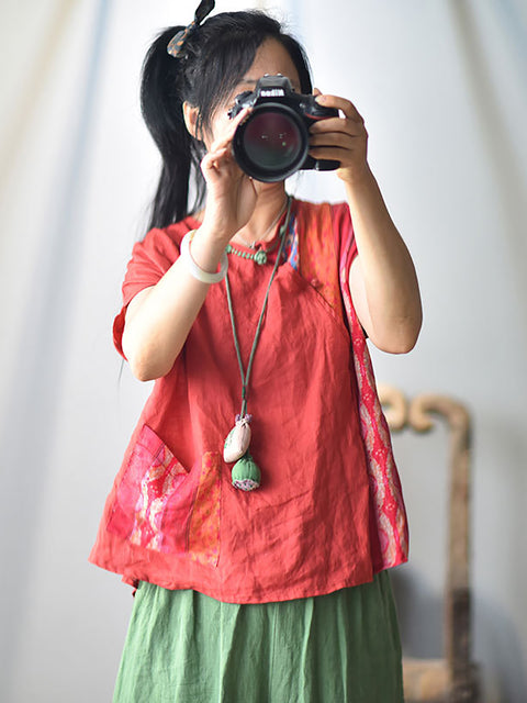 Camisa holgada de verano con bolsillo de rana empalmado con parche vintage para mujer