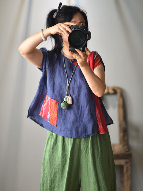 Camisa holgada de verano con bolsillo de rana empalmado con parche vintage para mujer