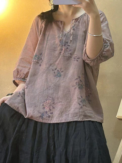 Camisa de mujer con cuello en V, cordón y flores estilo vintage de ramio