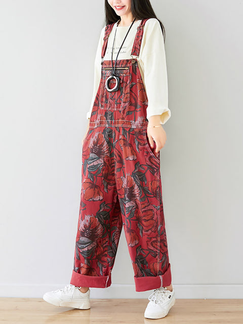 Women Summer Artsy Flower Print Pocket Loose Denim Jumpsuits