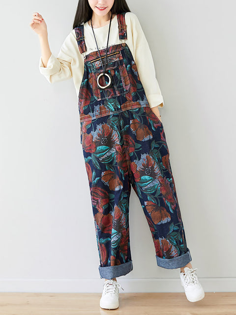 Women Summer Artsy Flower Print Pocket Loose Denim Jumpsuits