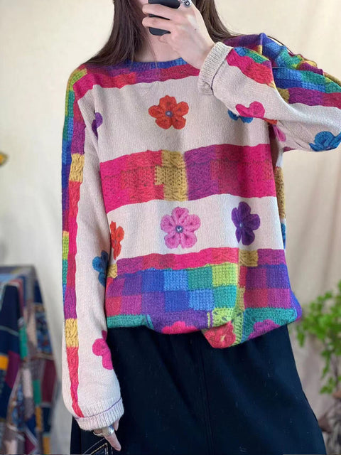 Suéter de punto con estampado de flores de invierno informal para mujer