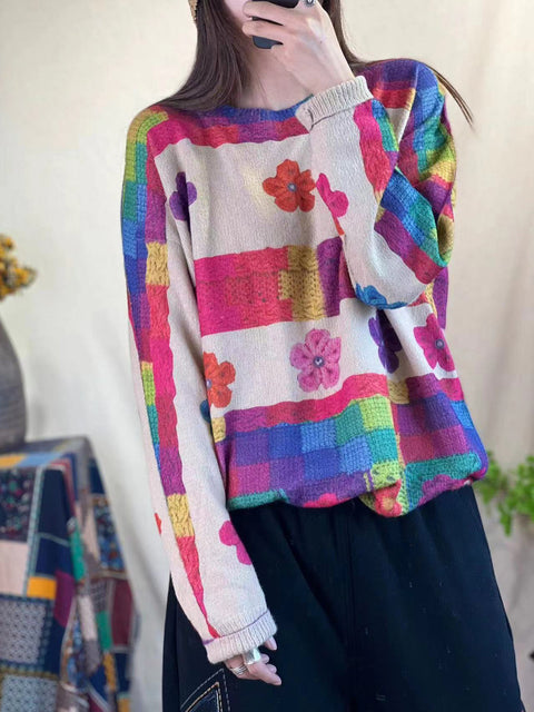 Suéter de punto con estampado de flores de invierno informal para mujer