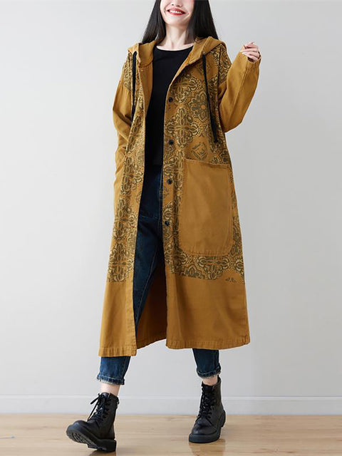 Women Artsy Flower Spliced Long Denim Hooded Coat