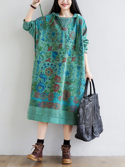 Women Artsy Flower Spring Hooded Cotton Dress