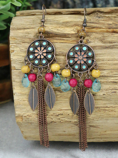 Bohemia Alloy Flower Bead Tassel Earrings