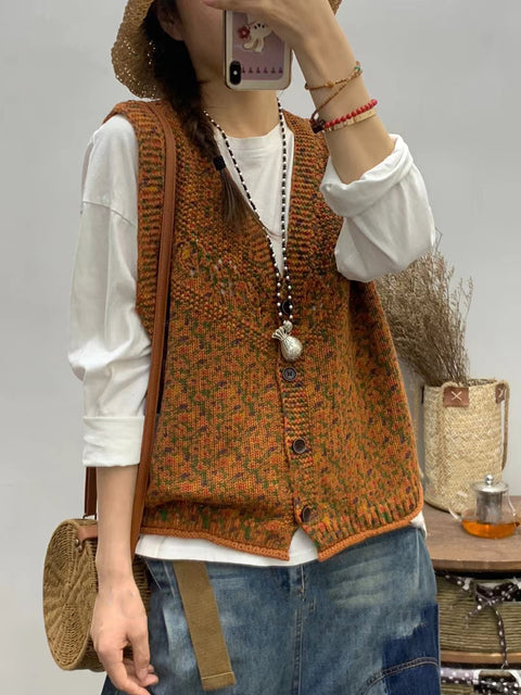 Women Spring Floral Artsy V-Neck Knitted Vest