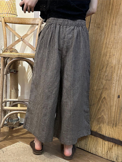 Pantalones anchos de lino y algodón con cuadros escoceses para mujer, de talla grande, para primavera