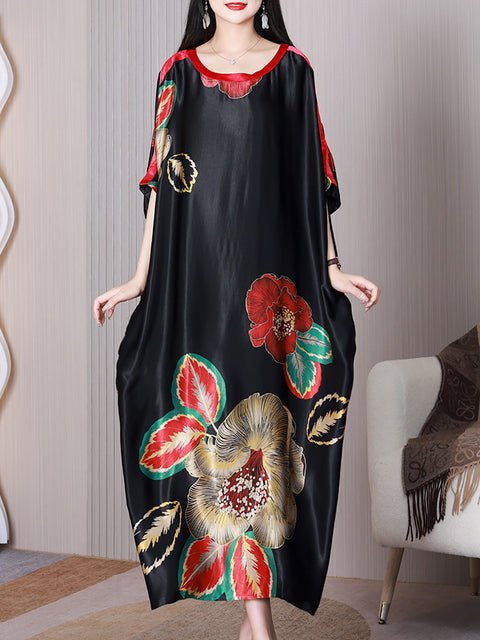 Women Summer Elegant Flower Silk Loose Dress