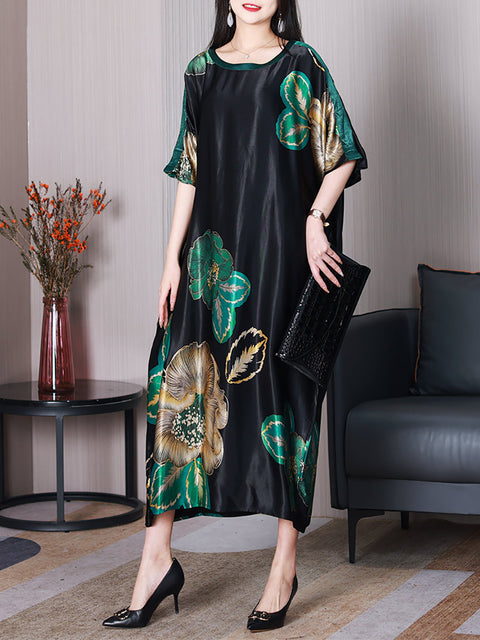 Women Summer Elegant Flower Silk Loose Dress