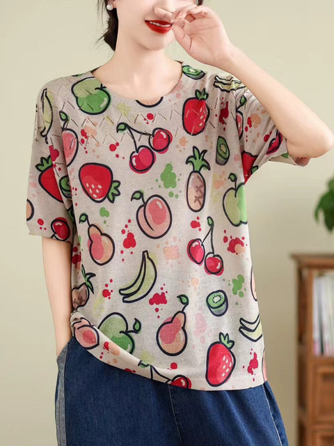 Camisa de verano con cuello redondo y aberturas con estampado vintage para mujer